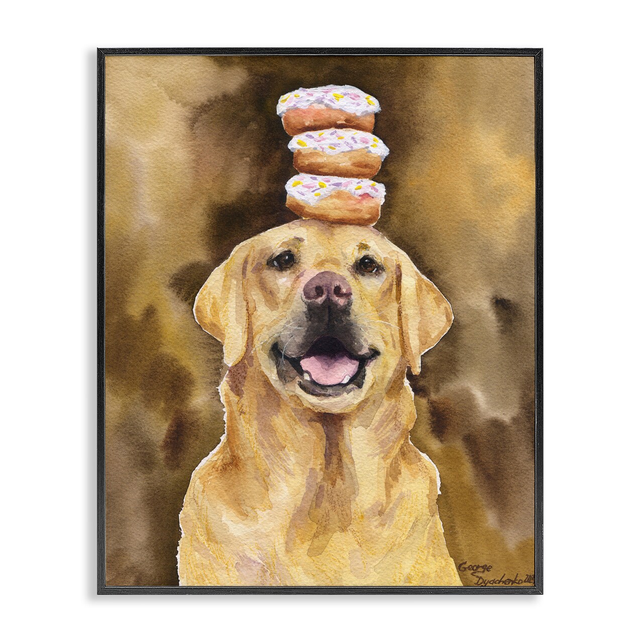 Stupell Industries Happy Golden Retriever with Donuts Framed Giclee, design by George Dyachenko